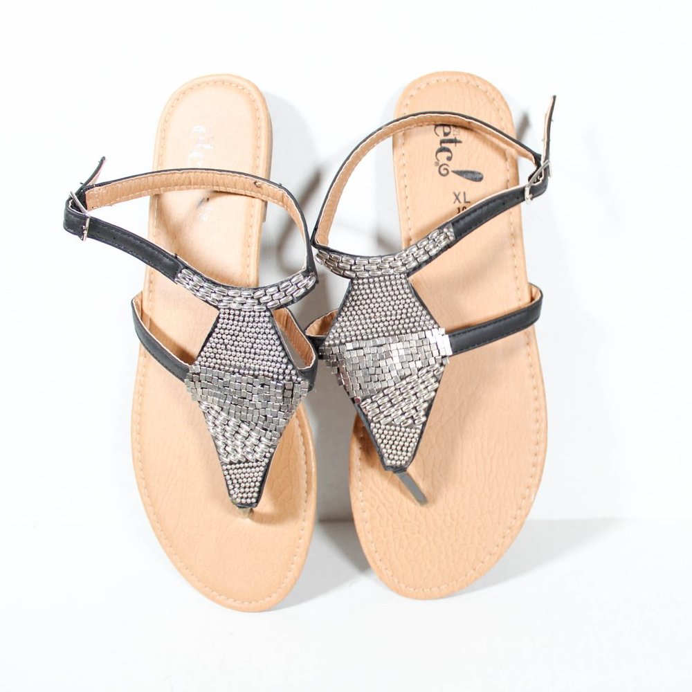Goth Summer Black Strappy Sandal Silver Tone Metal Beading Design Size 10